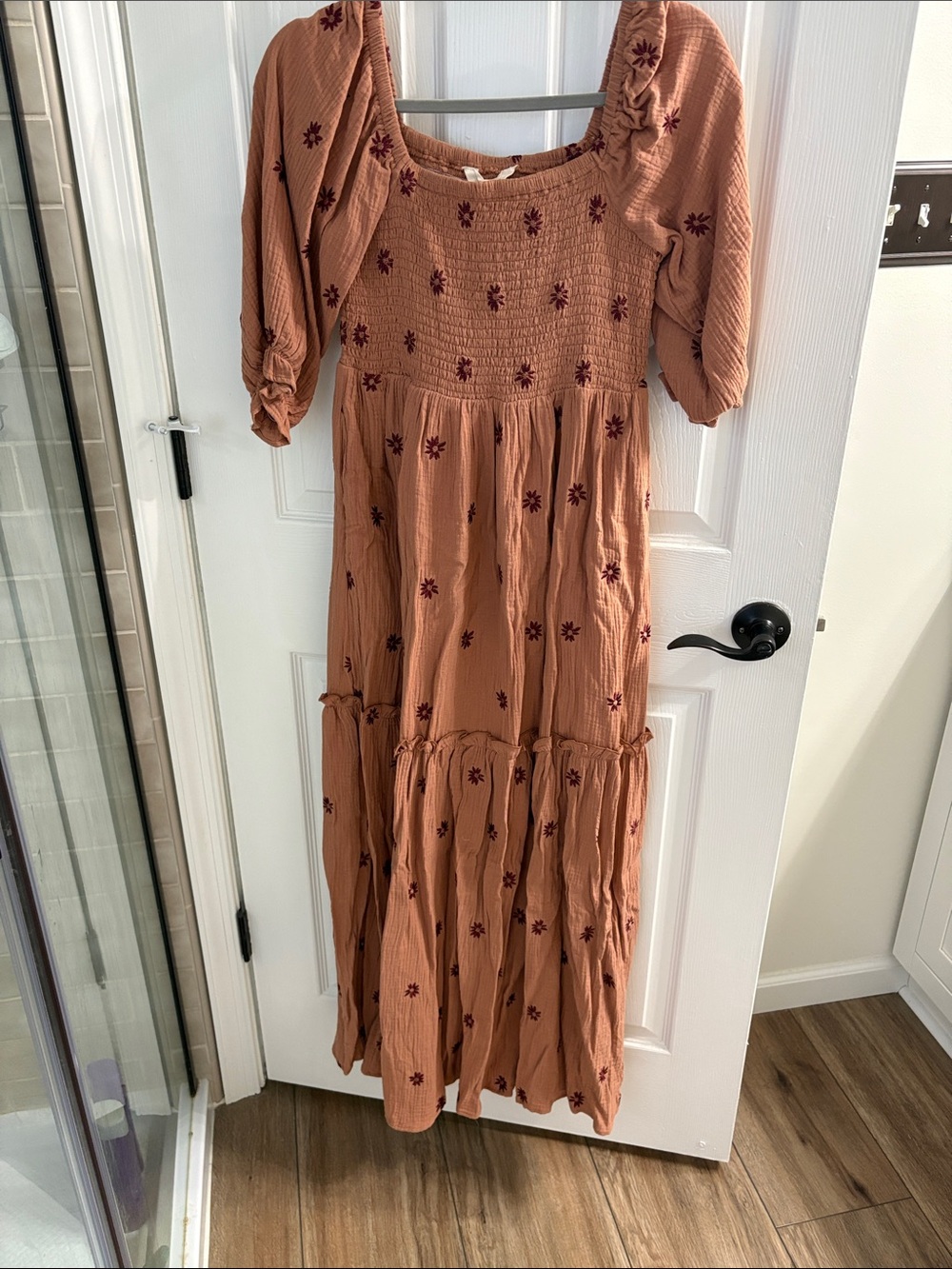 Smocked Rust Maxi Dress with Burgundy Floral Detail